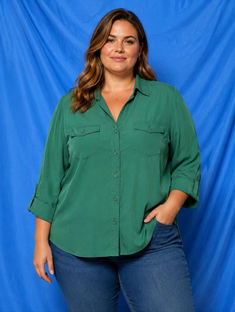Cato 18/20W Emerald Green Button-Down Women's Shirt With Pockets